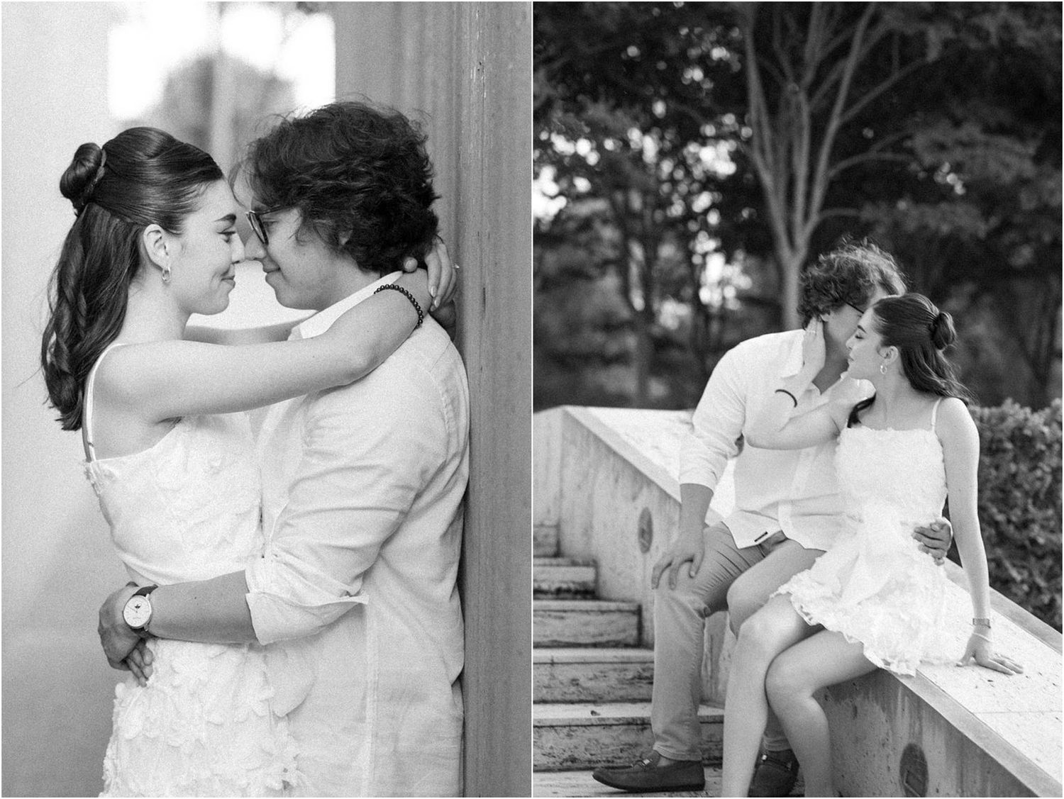 Black and white photo series capturing romantic moments between couple.