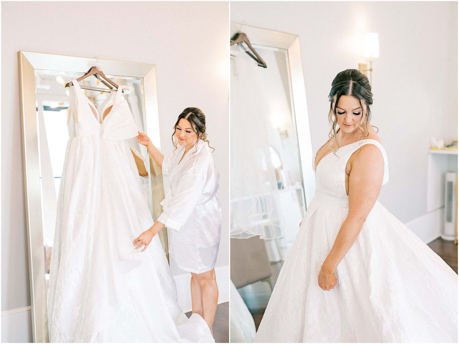 Wedding dress preparations and styling moments captured in bright, airy setting.