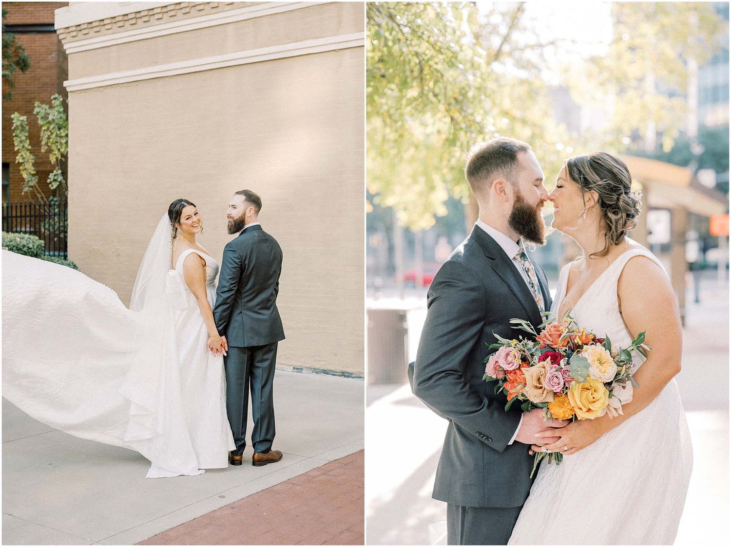 Wedding couple sharing candid moments along an urban building exterior.
