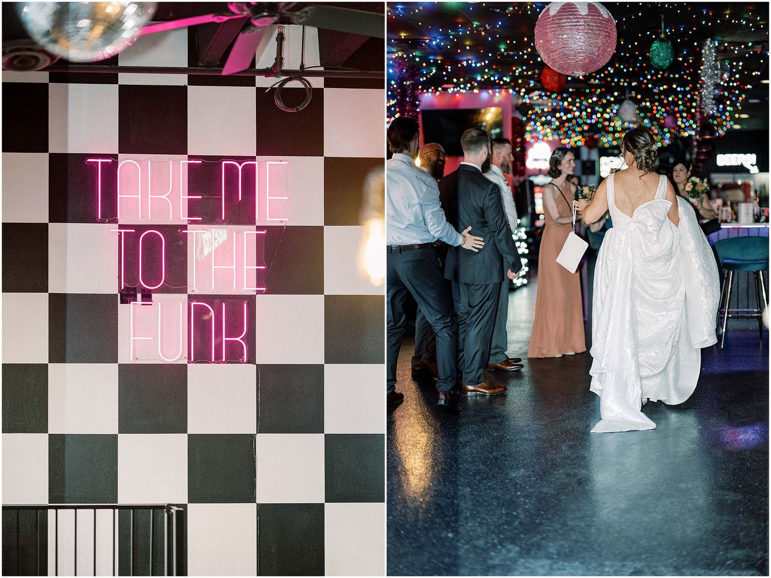 Wedding reception dance floor with checkered pattern and pink neon lighting.
