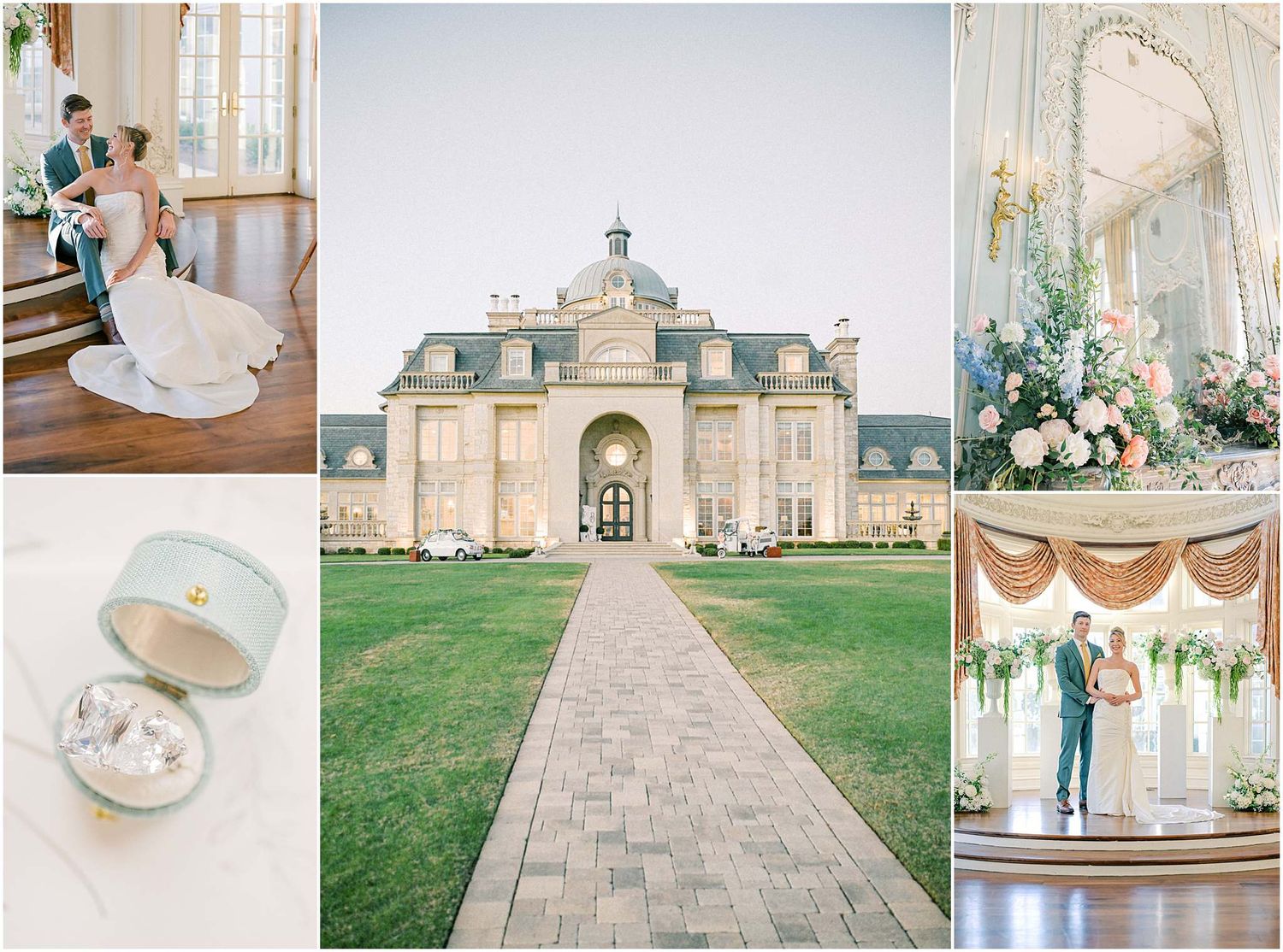 Elegant wedding venue collage featuring architectural details, floral arrangements, and decor elements in soft pastel tones.