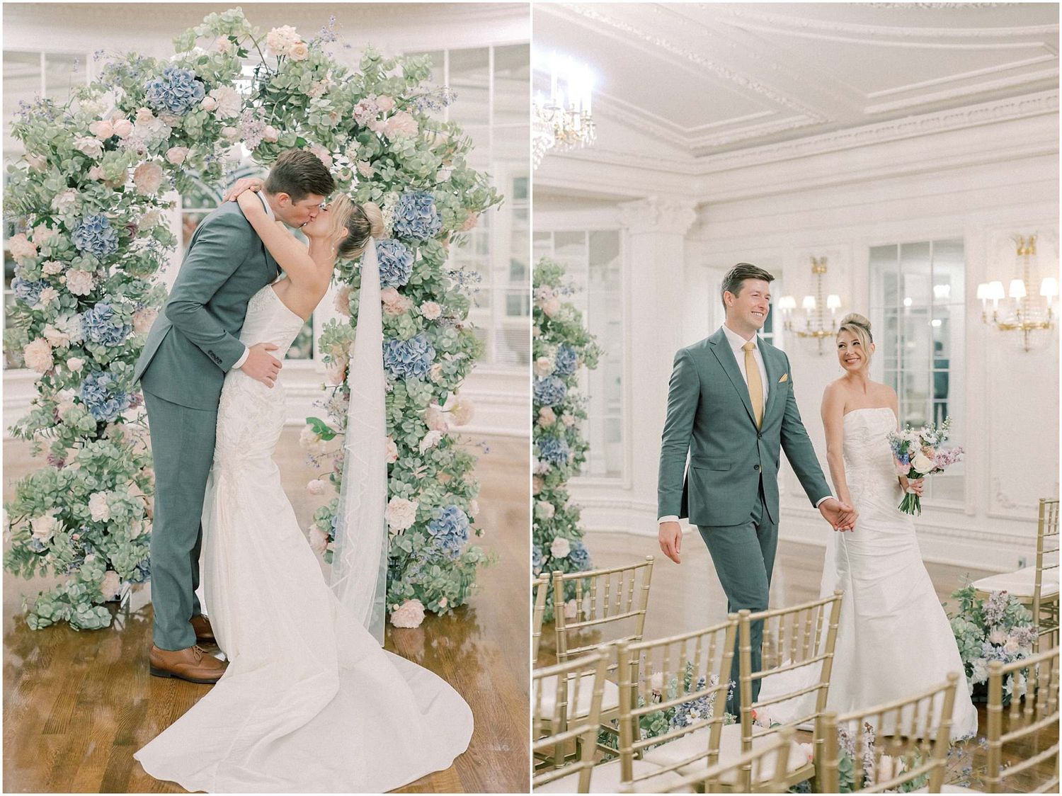 Wedding couple shares intimate moment under floral arch in luxurious white ballroom.