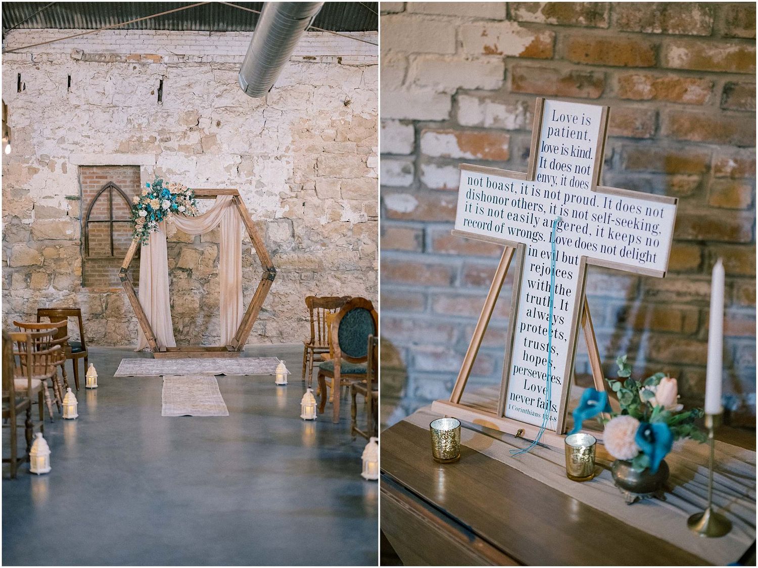 Wedding ceremony arch with burlap draping and wooden cross with scripture verses in rustic venue.