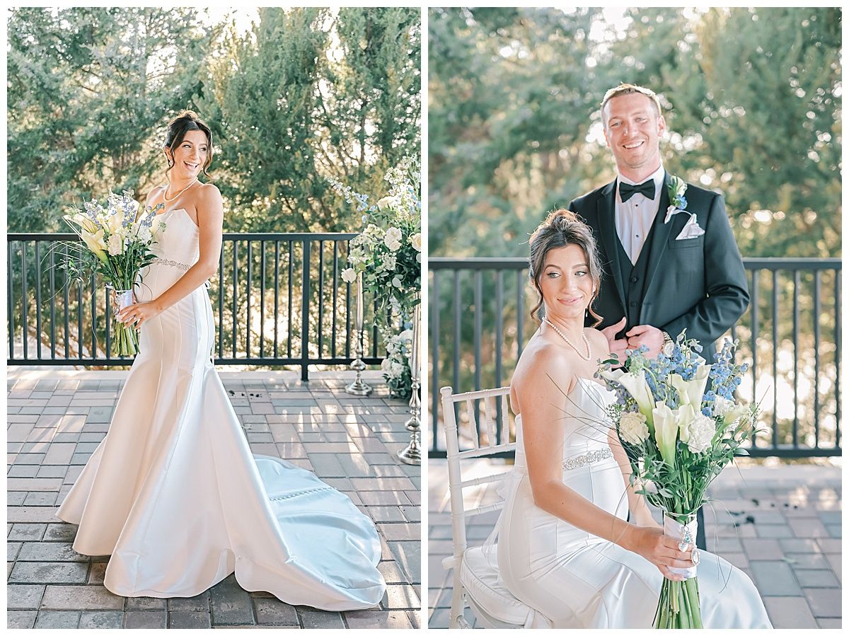 Elegant bridal portraits on outdoor terrace with natural greenery backdrop.