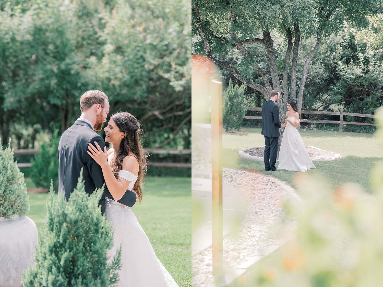 Romantic wedding portraits captured in a lush garden setting.