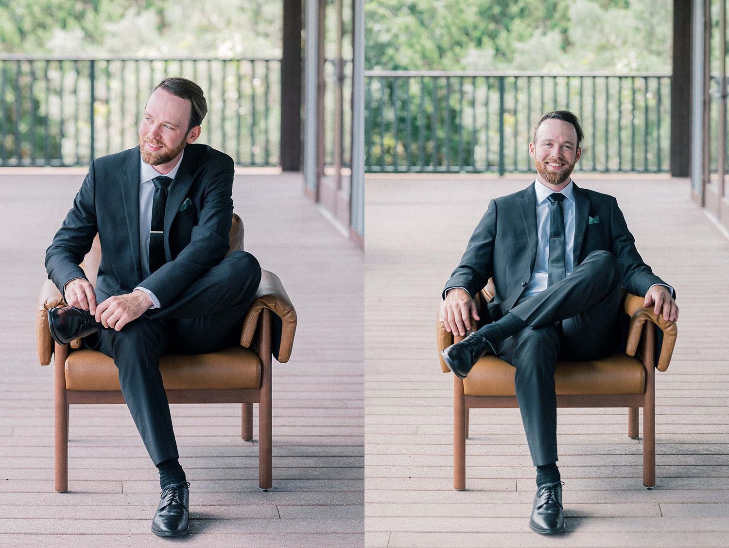 Portrait series of groom sitting in brown leather chair wearing classic dark suit.
