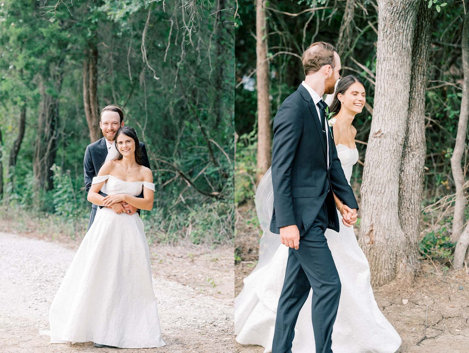 Romantic wedding photography in a wooded setting with natural light filtering through trees.