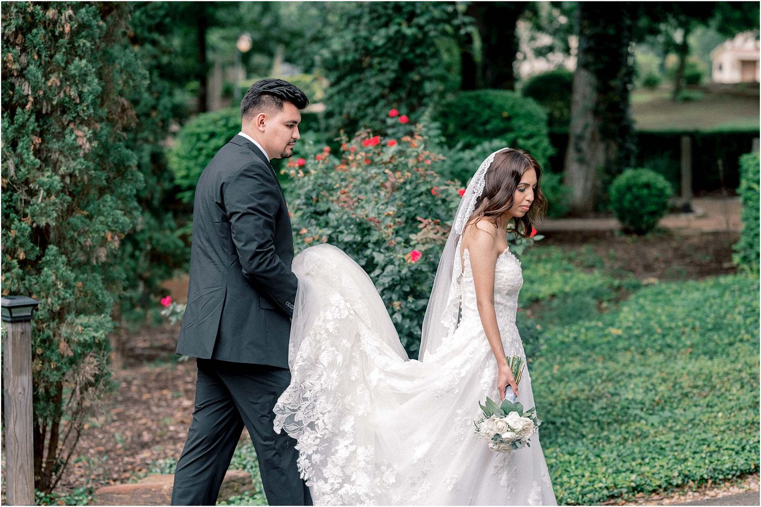 A romantic wedding photo sequence showing a couple walking together in a garden setting with lush greenery.