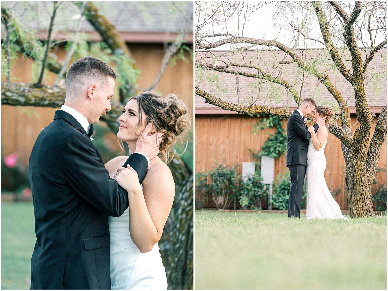 Wedding photo sequence capturing romantic moments between newlyweds near a rustic barn.