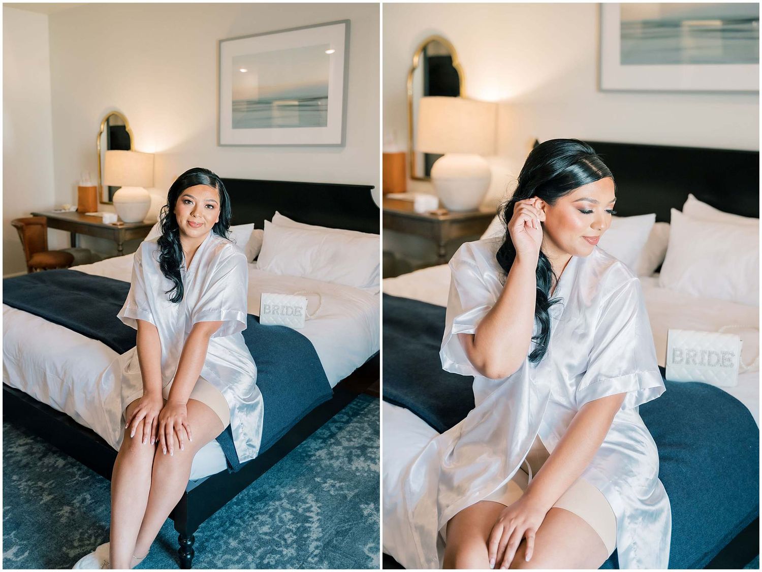 Getting ready scene in a modern hotel room with white silk robe and elegant decor.
