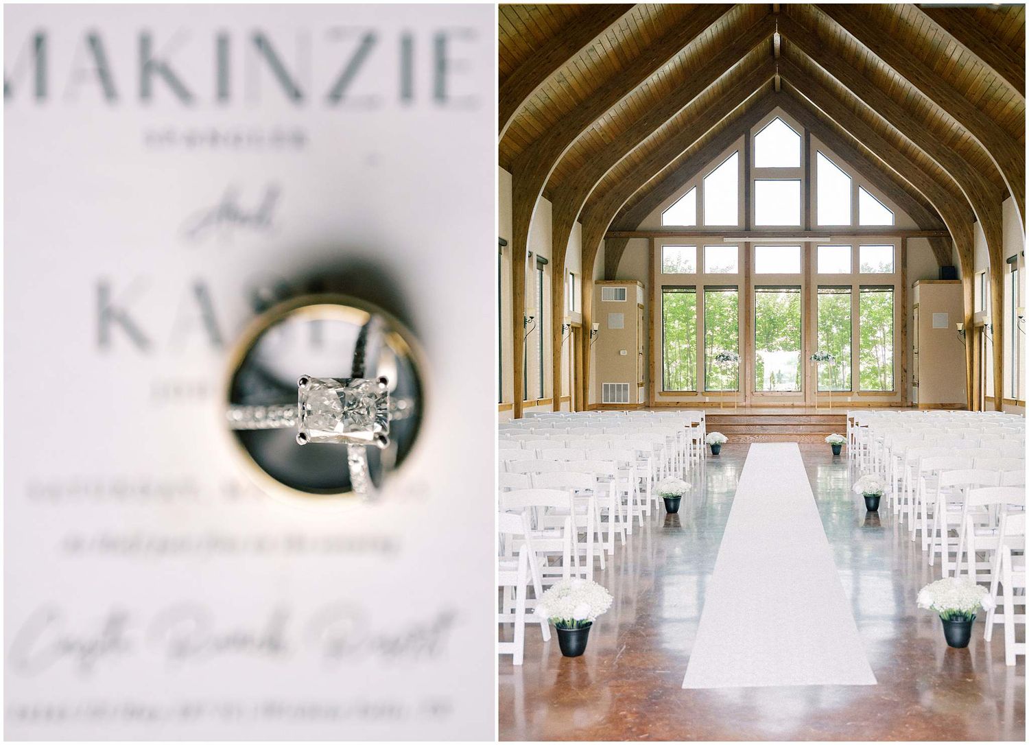 Elegant church interior with vaulted wooden ceiling and white chairs set up for a wedding ceremony.