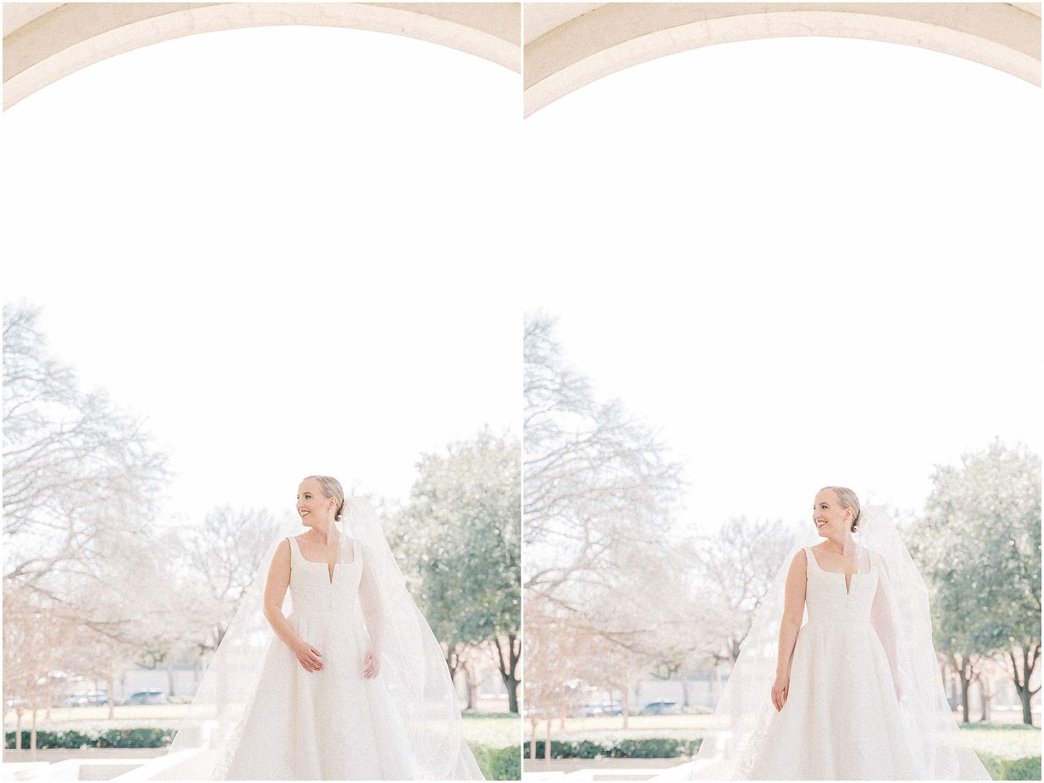 Sunlit bridal portraits captured under classical architectural arches.