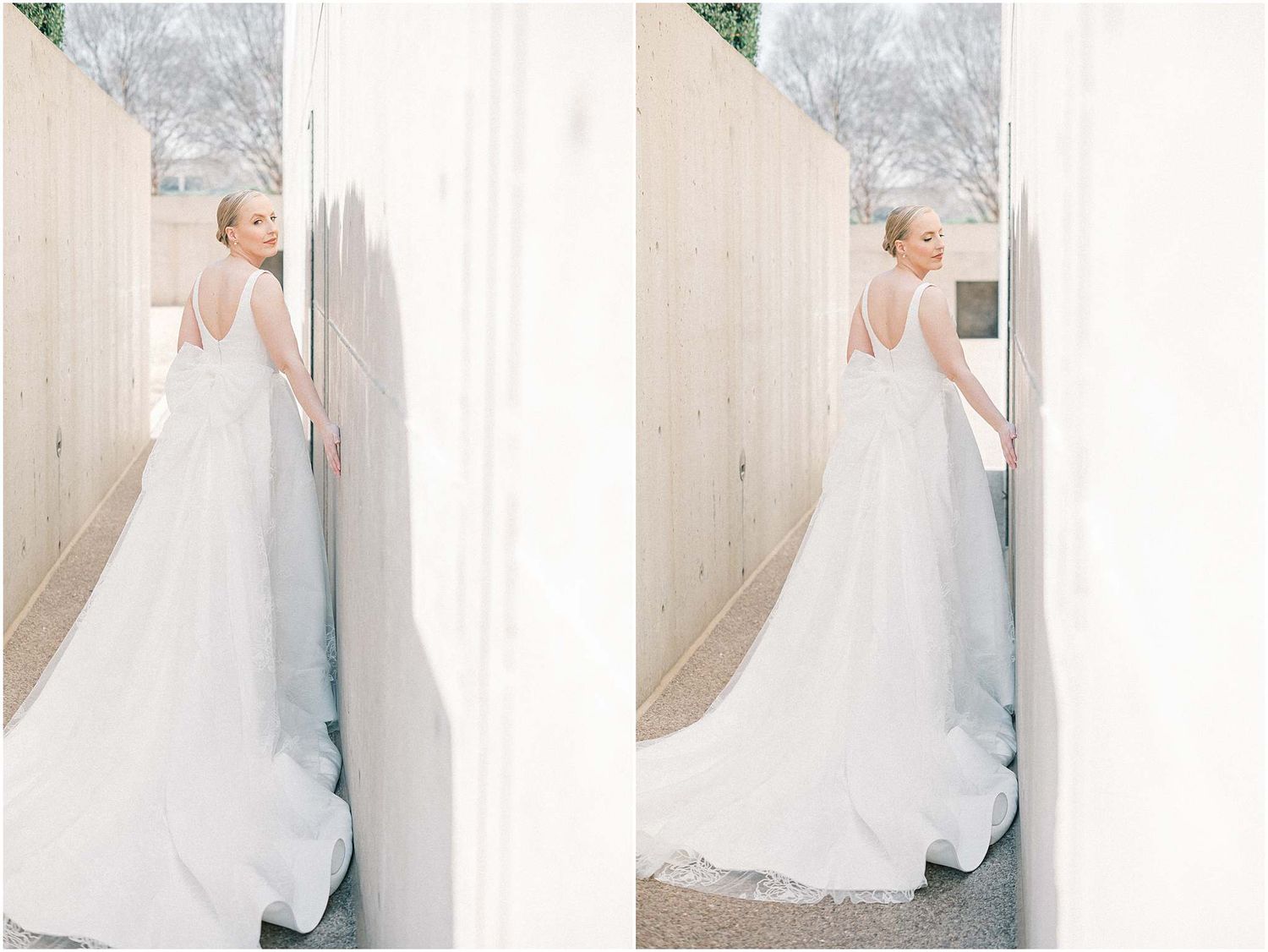 Side-by-side bridal portraits showing the back detail of a white wedding gown with long train.