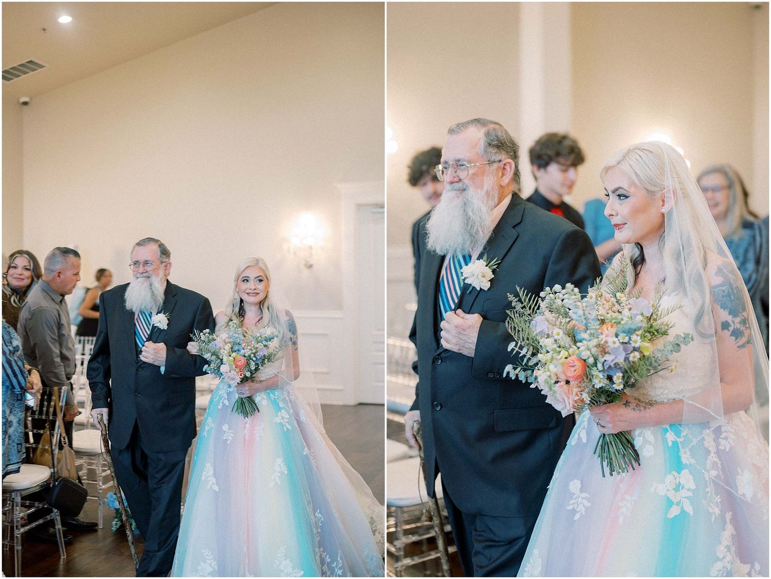 Wedding celebration with guests in formal attire featuring light blue and black color scheme.