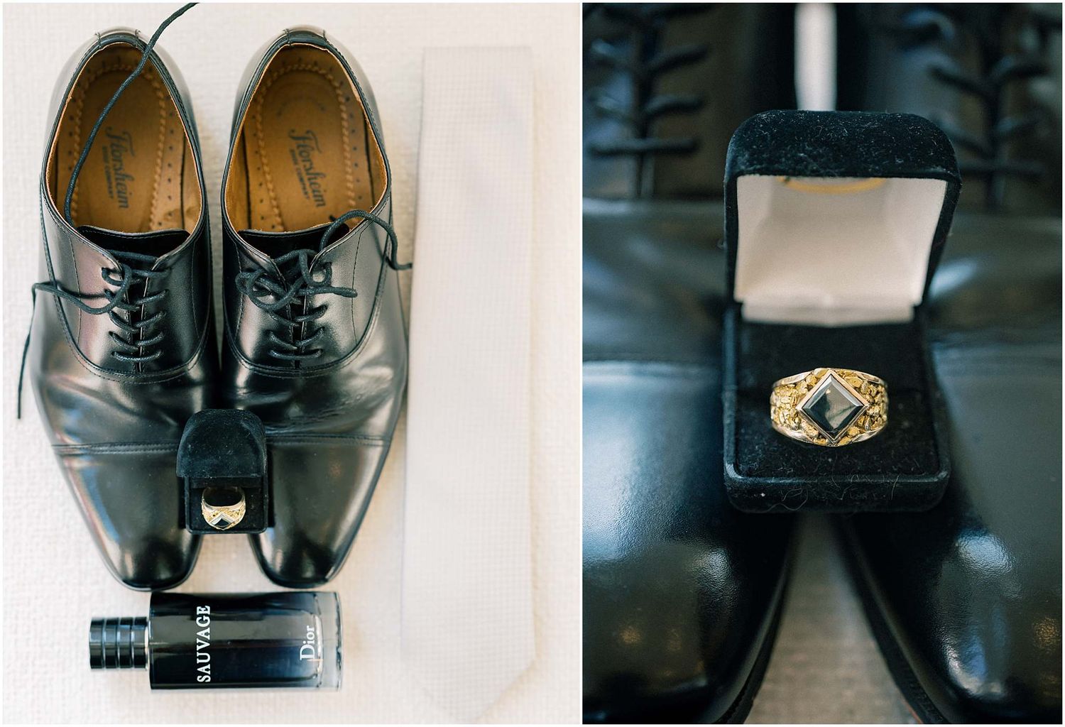 Collection of polished black formal dress shoes arranged for wedding detail photography.