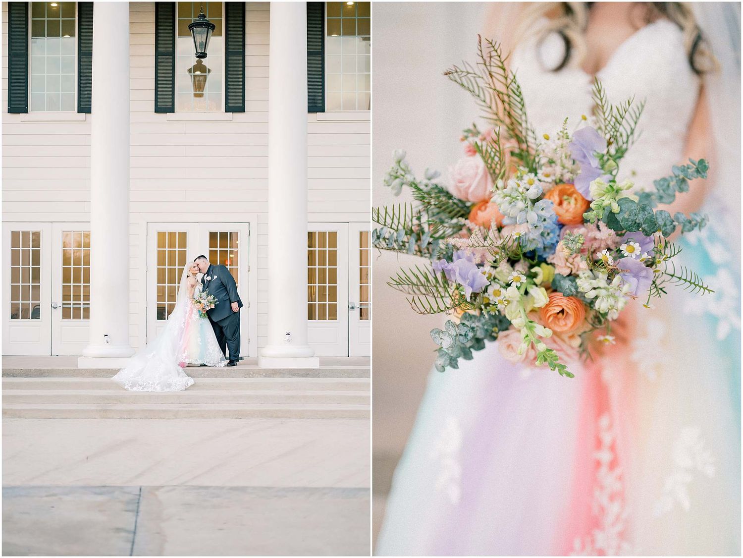 Wedding venue decorated with colorful floral arrangements and white architectural columns.