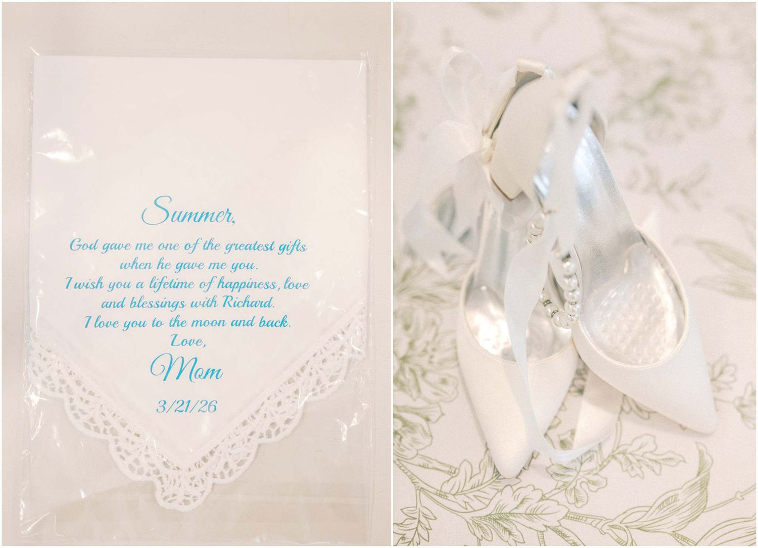 Delicate white lace and pearl wedding details arranged with soft green foliage on a light background.