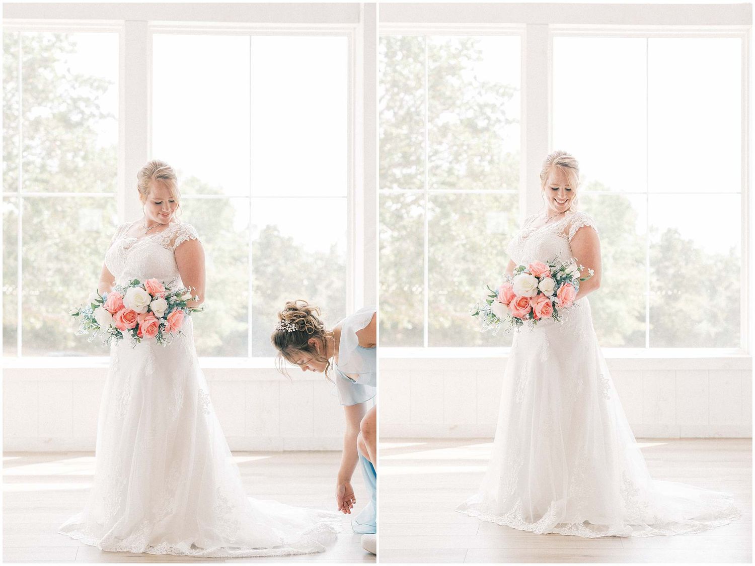 Bride in flowing white wedding dress twirls gracefully during a first look photo session in a bright sunlit room.