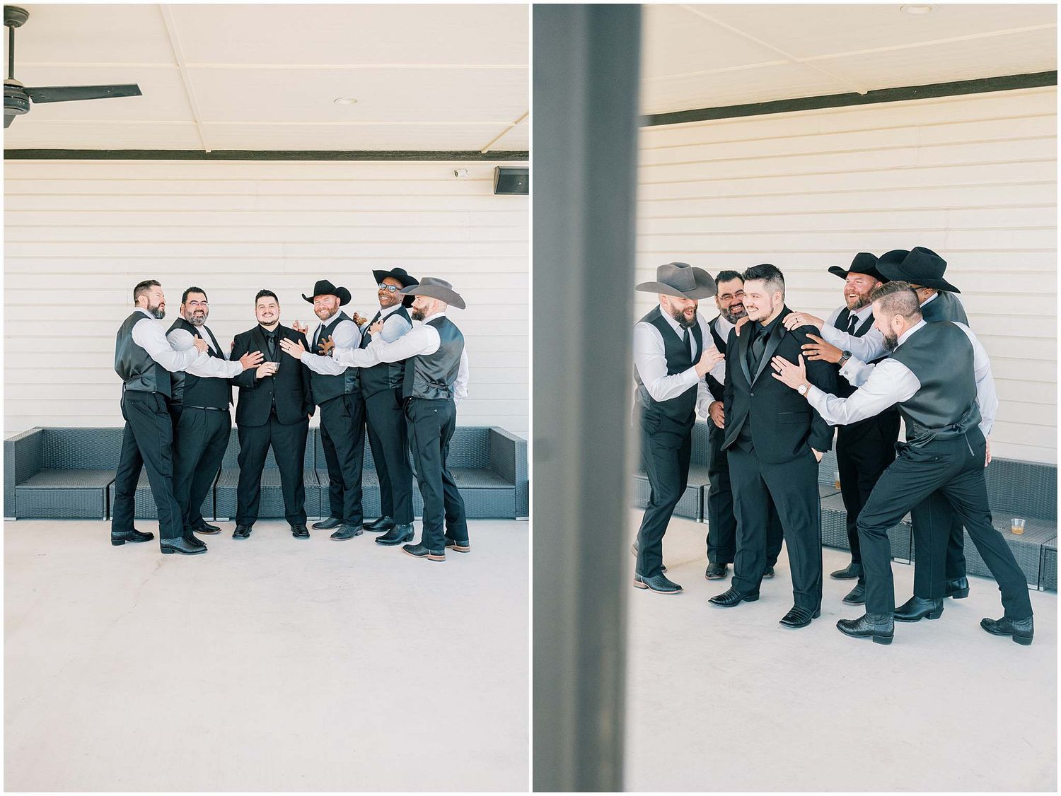 A sequence of photos showing a group of people in business attire performing a trust fall team building exercise.