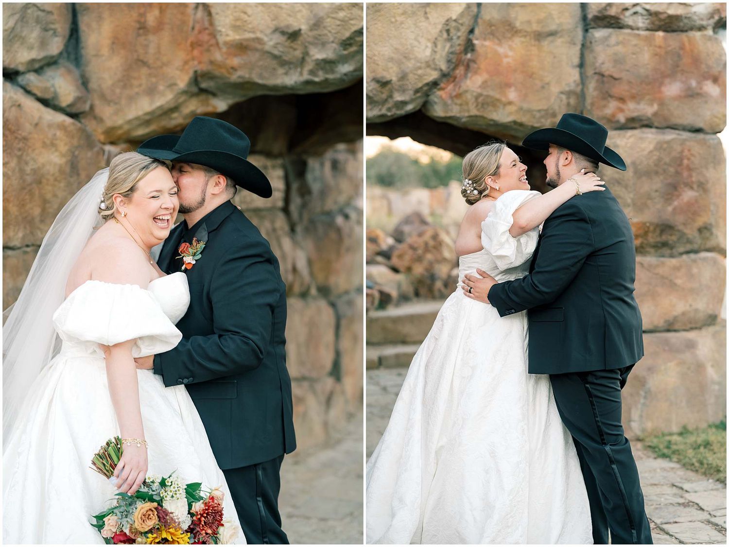 Romantic wedding portraits captured against a rustic stone wall backdrop.
