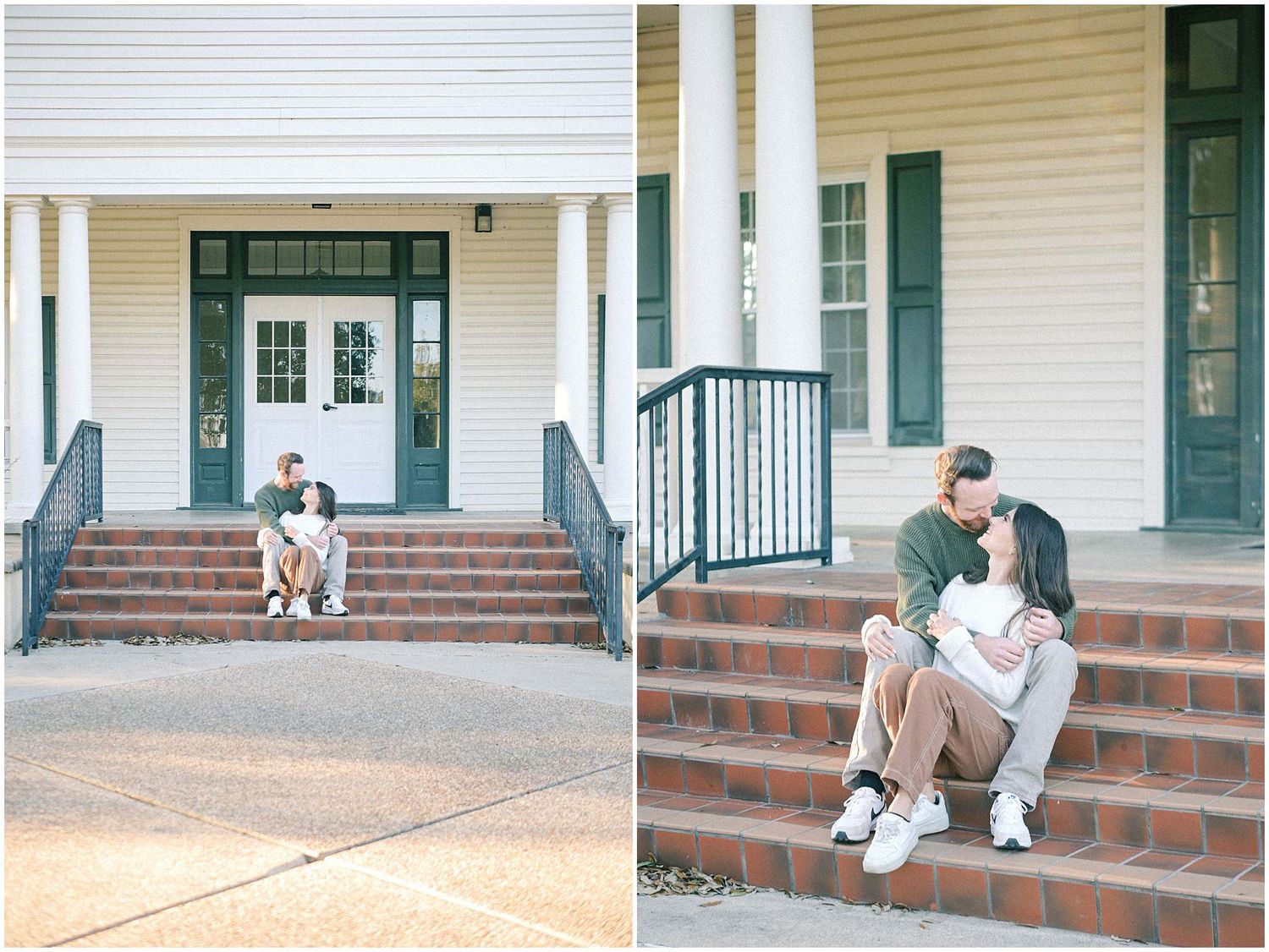 Couple sitting on white porch steps of historic house with green shutters in romantic outdoor photoshoot.