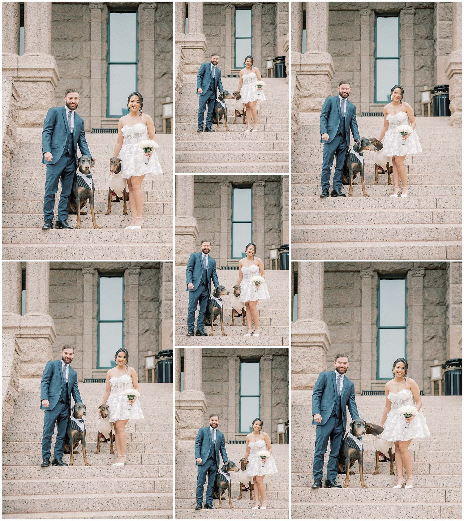 Multiple shots of a couple and their dog posing on stone steps during an engagement session.