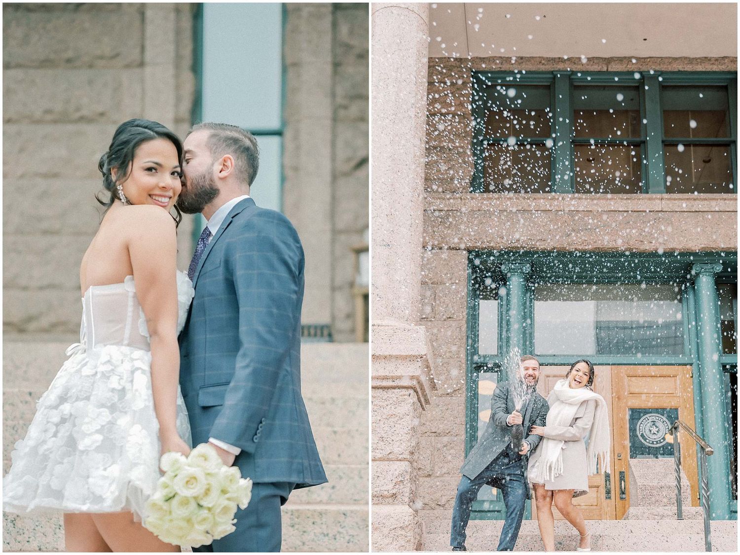 Two wedding photos showing a couple celebrating outside a building with teal accents and glitter confetti.