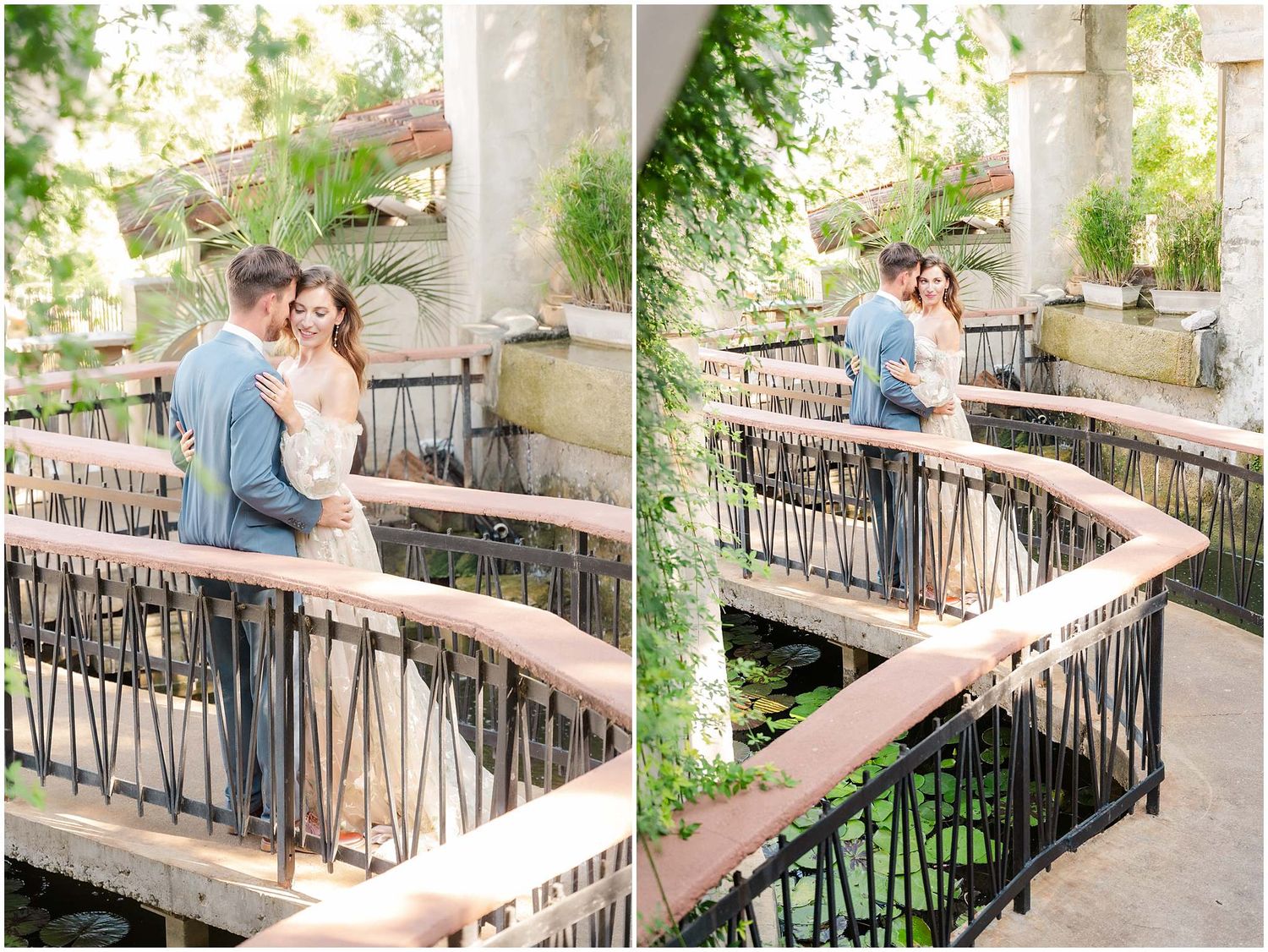 Wedding couple portraits along a decorative iron railing with greenery and stone architecture.