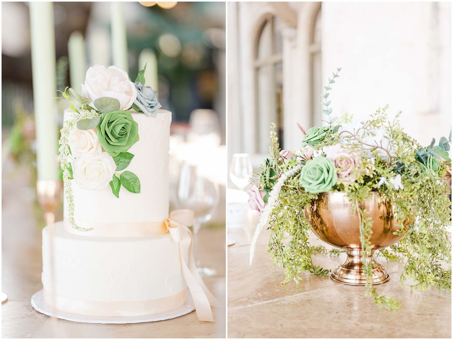 Elegant wedding table settings with white floral centerpieces and gold accents in a bright reception space.