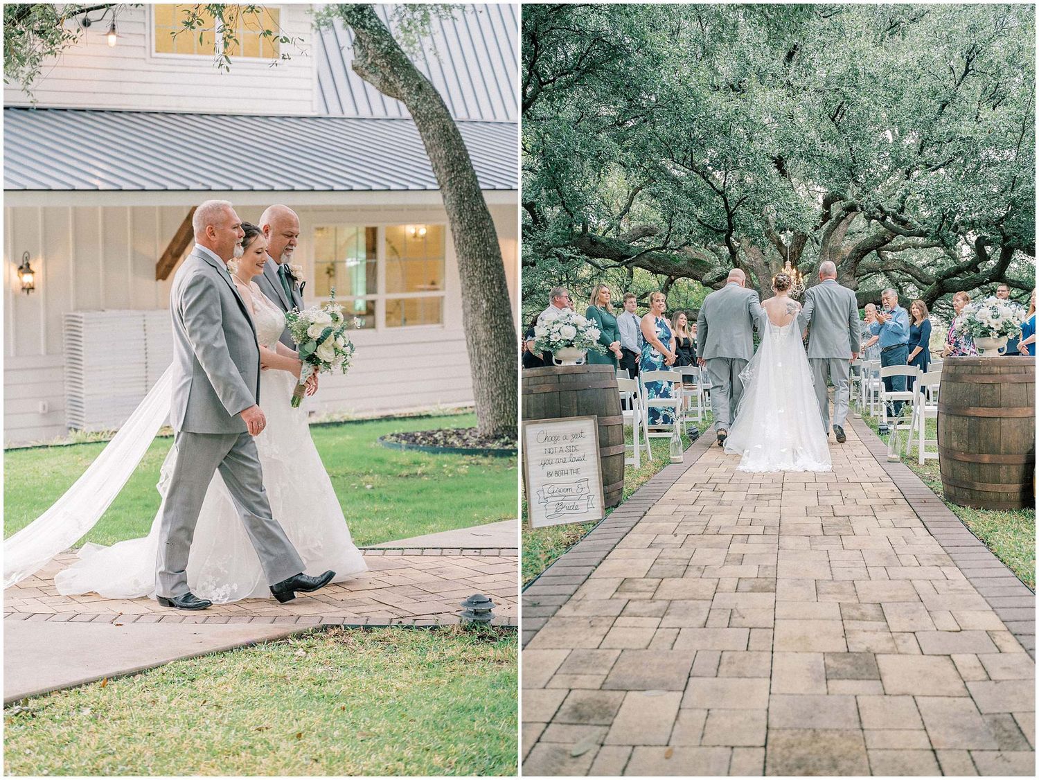 Newlyweds dance and celebrate on a stone patio surrounded by lush greenery at their outdoor wedding venue.