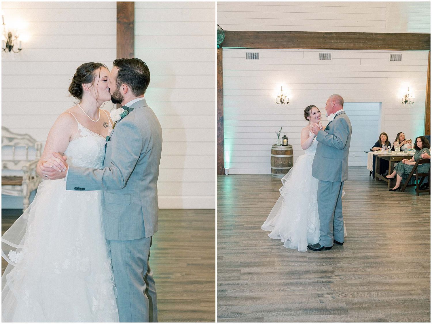 A couple shares a romantic dance sequence during their wedding reception in an elegant white-walled venue with wooden floors.