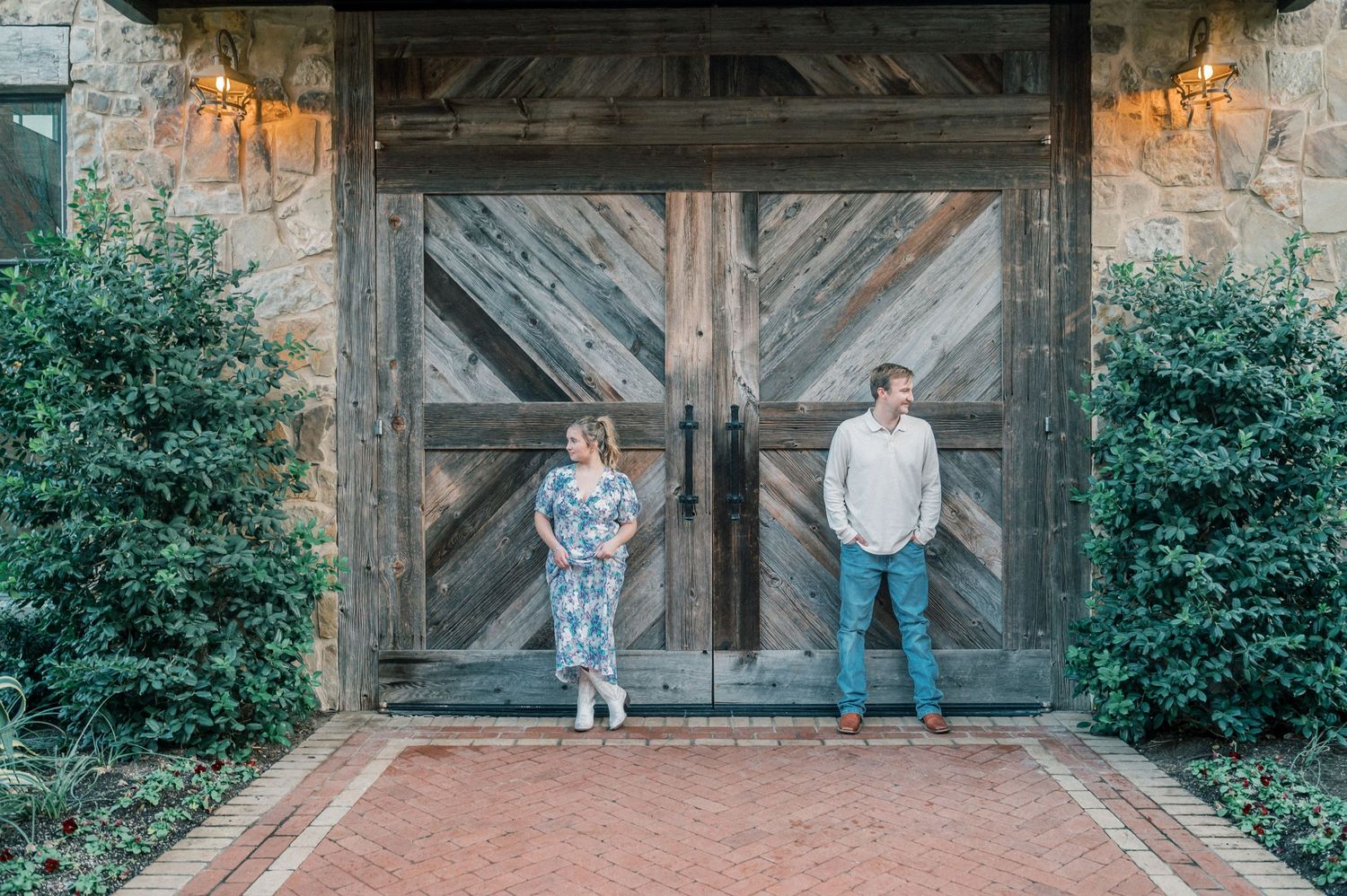A rustic barn door serves as a backdrop for a family photo session showing progression of poses and moments.