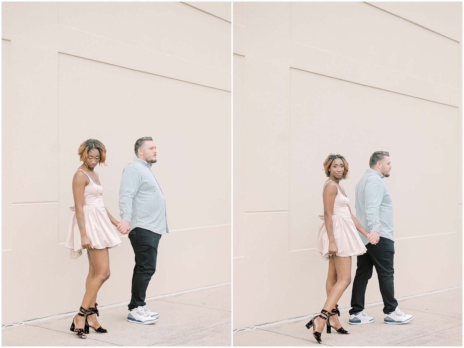 A sequence of proposal photos showing a couple during a romantic outdoor engagement moment against a white wall.