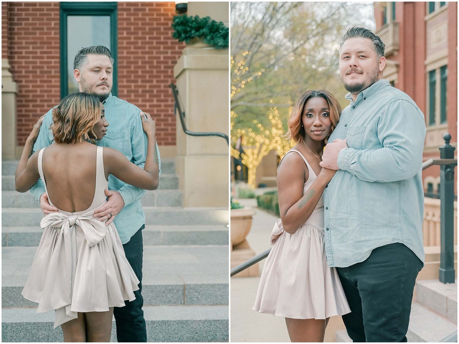 A couple poses together outdoors, with the woman wearing a light pink backless dress and the man in a light blue shirt.