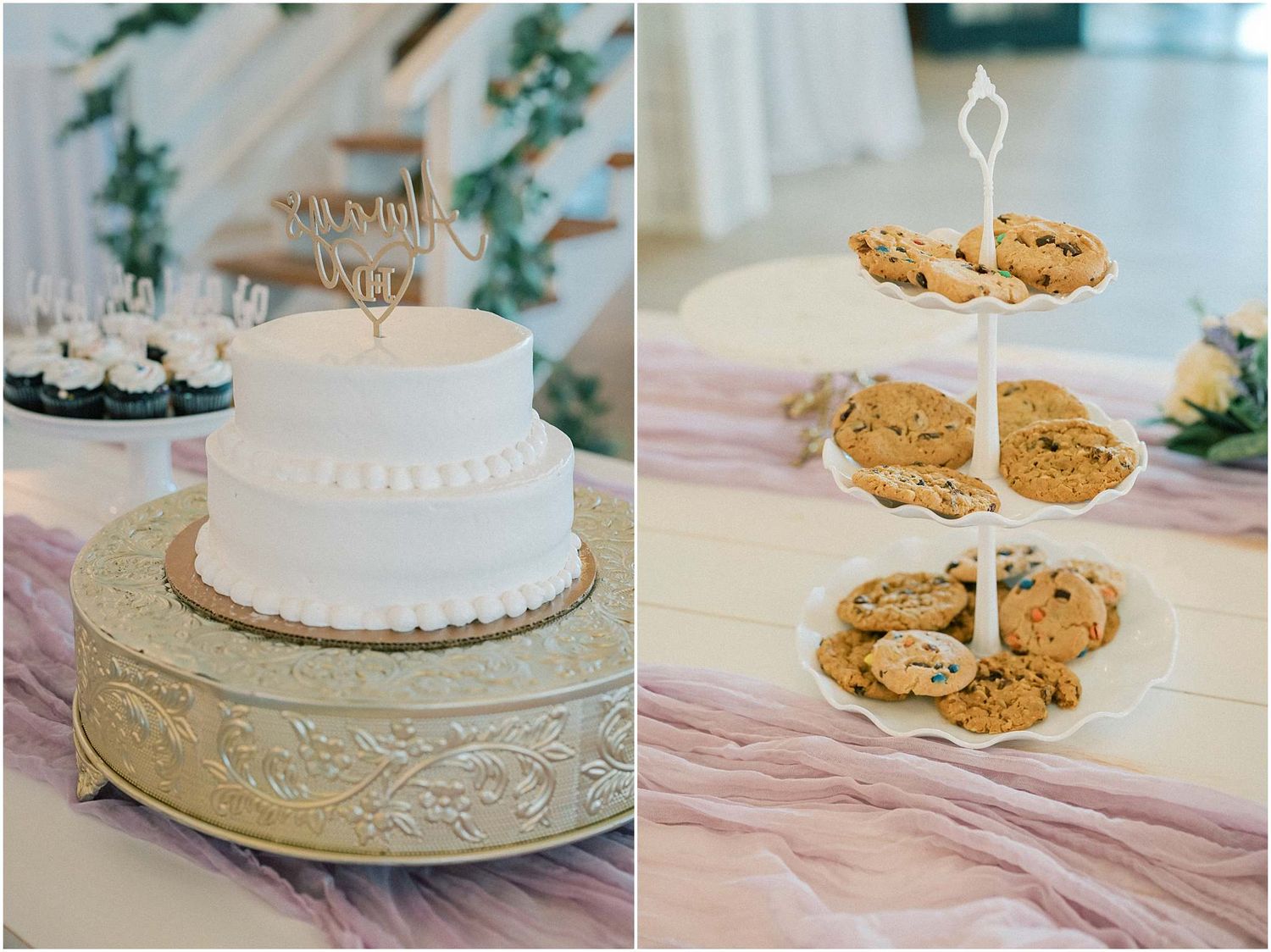 Wedding dessert table featuring a white tiered cake and homemade cookies on display.