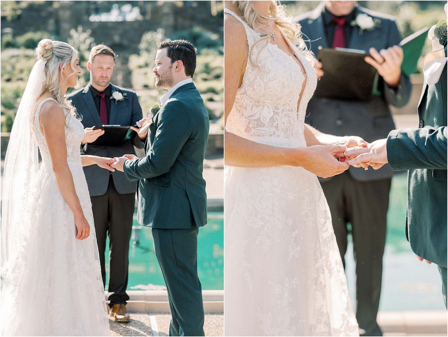 Wedding ceremony exchange of rings in front of a serene garden backdrop.