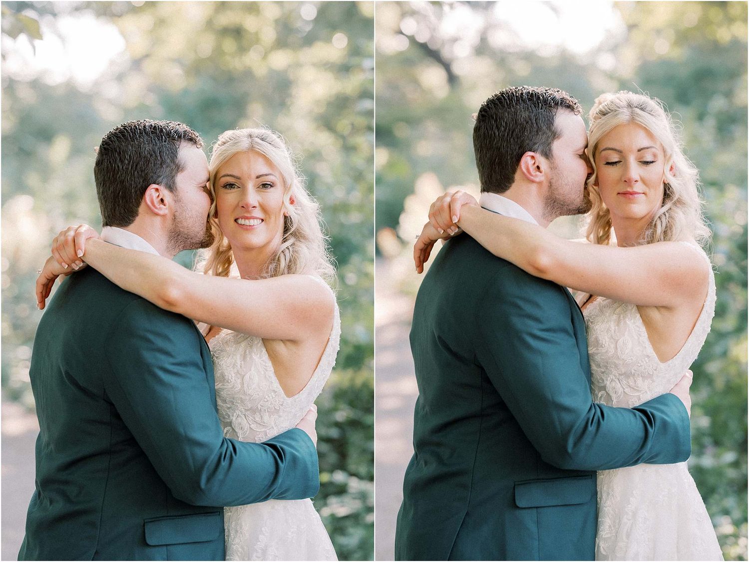 Romantic wedding couple shares intimate first look moment in outdoor garden setting.
