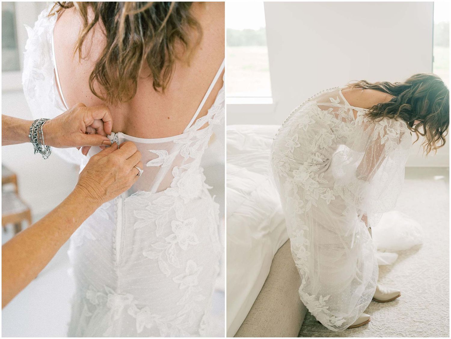 Intimate moments of wedding dress preparation captured in soft natural light.