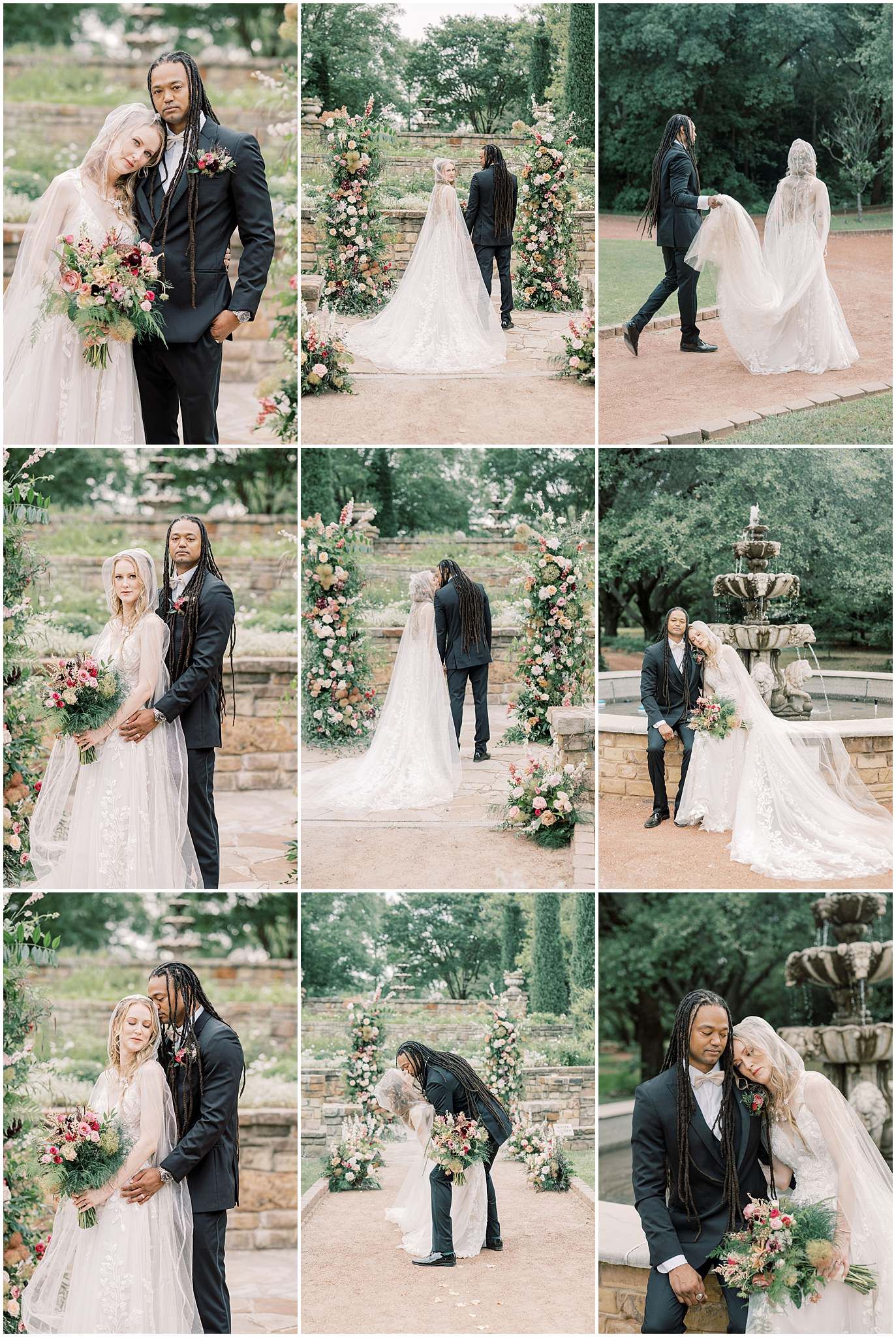 Bride and groom pose together in a lush garden wedding setting, with floral arch and fountain backdrop.