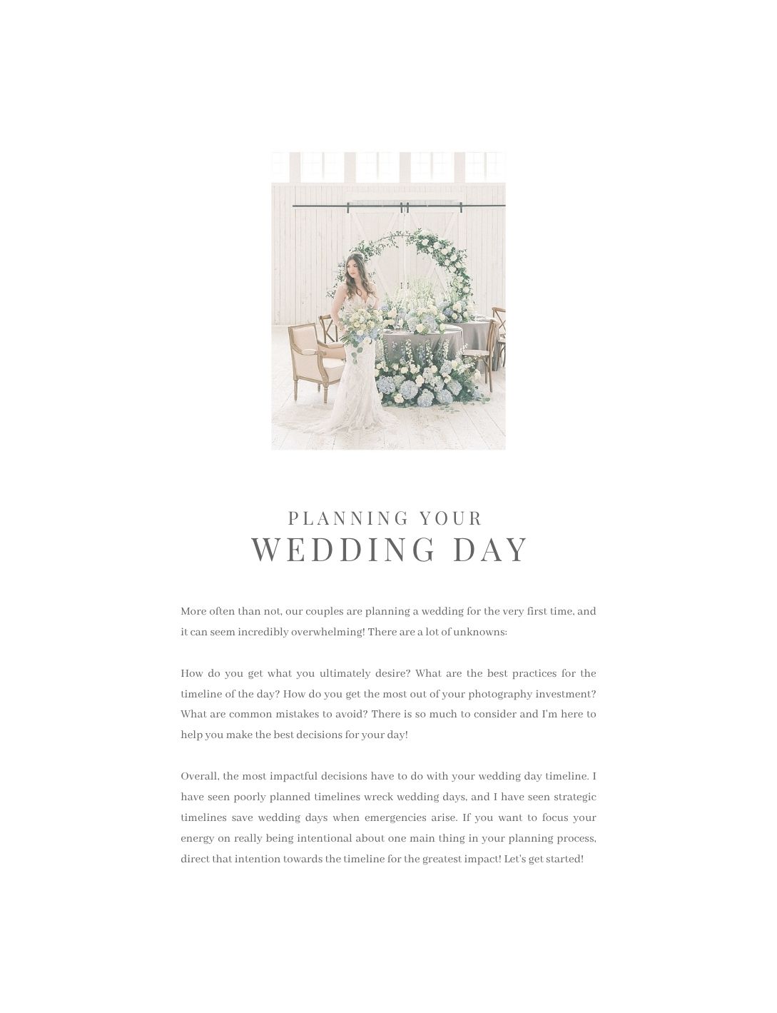 Elegant wedding planning guide featuring a bride in a white gown beside a floral arch with soft typography.