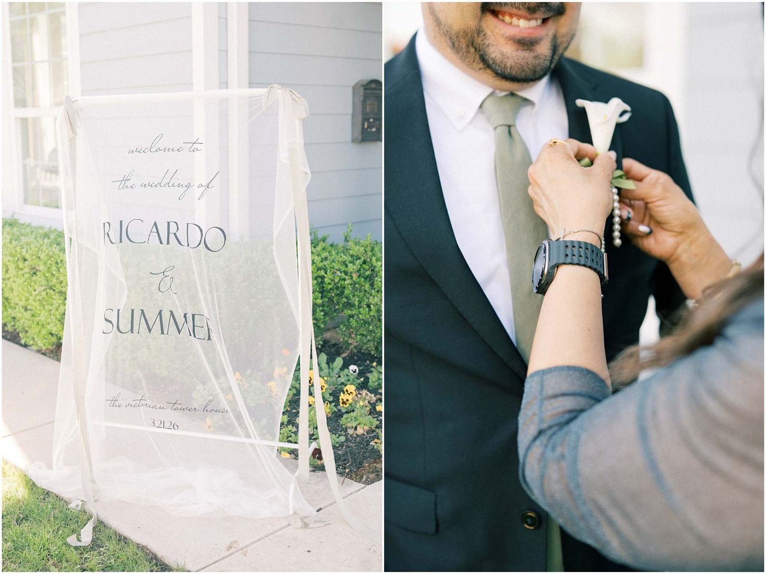 Wedding day details showing acrylic welcome sign and groom getting boutonniere pinned.