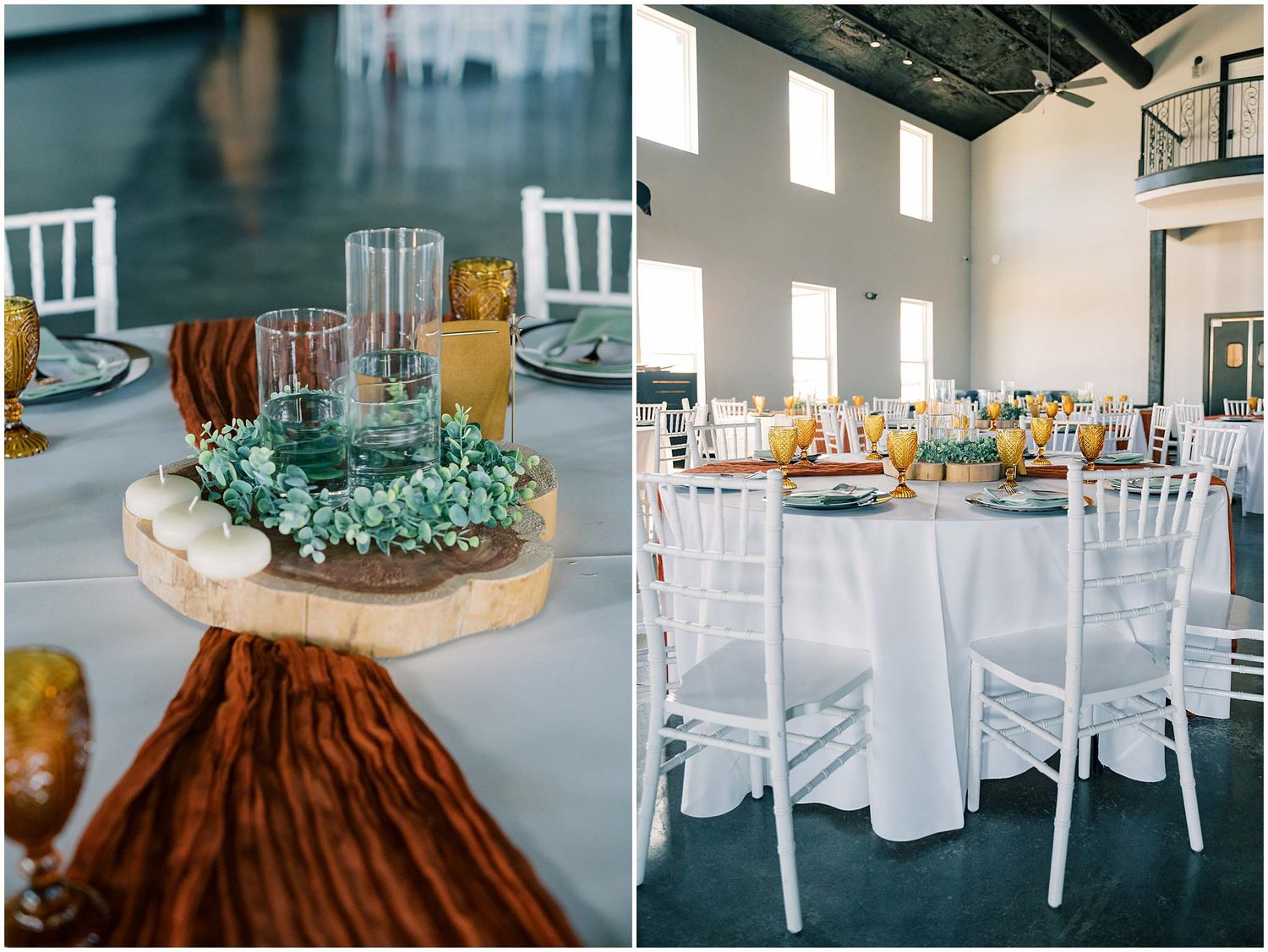 Elegant wedding reception venue setup with white chairs and floral centerpieces on round tables.