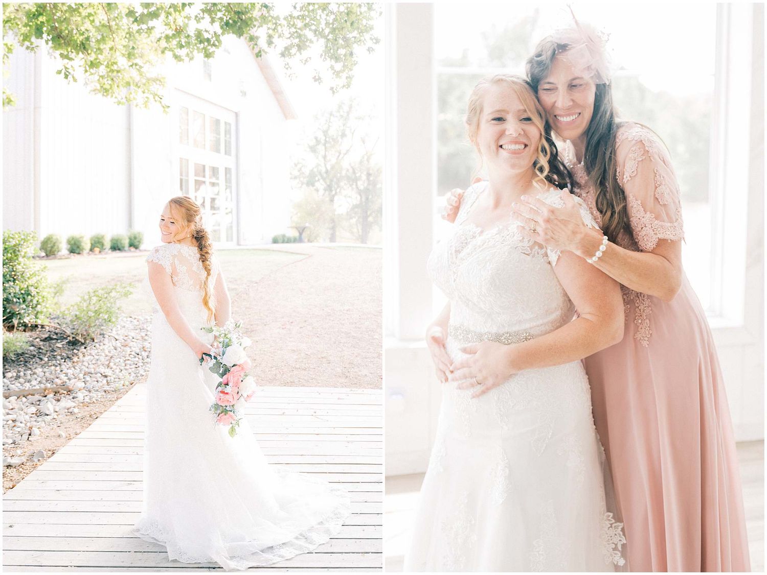 Romantic wedding portraits in soft natural light with bridesmaids in blush pink dresses.