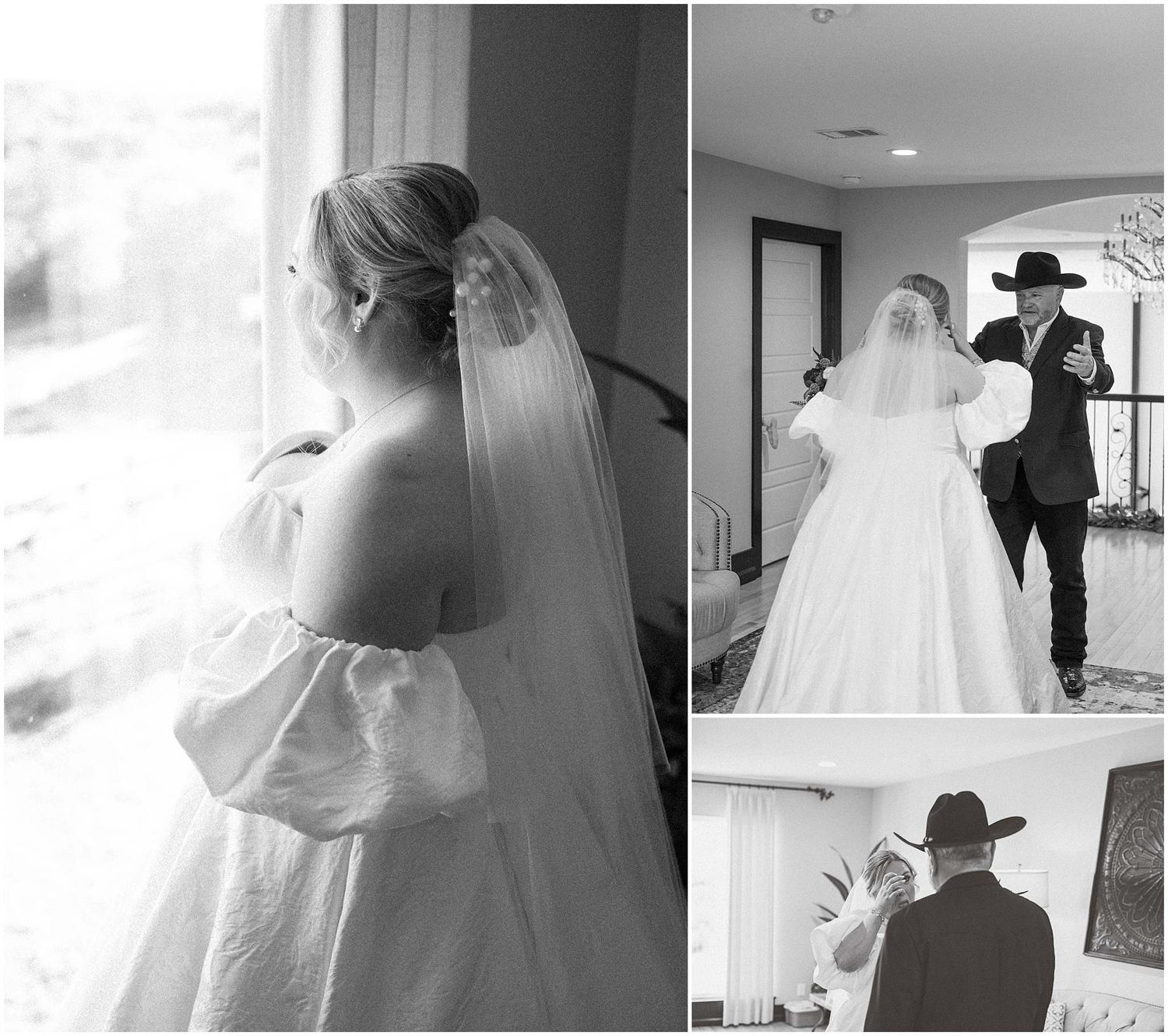 Black and white wedding preparation photos showing the bride's dress and veil in various angles.
