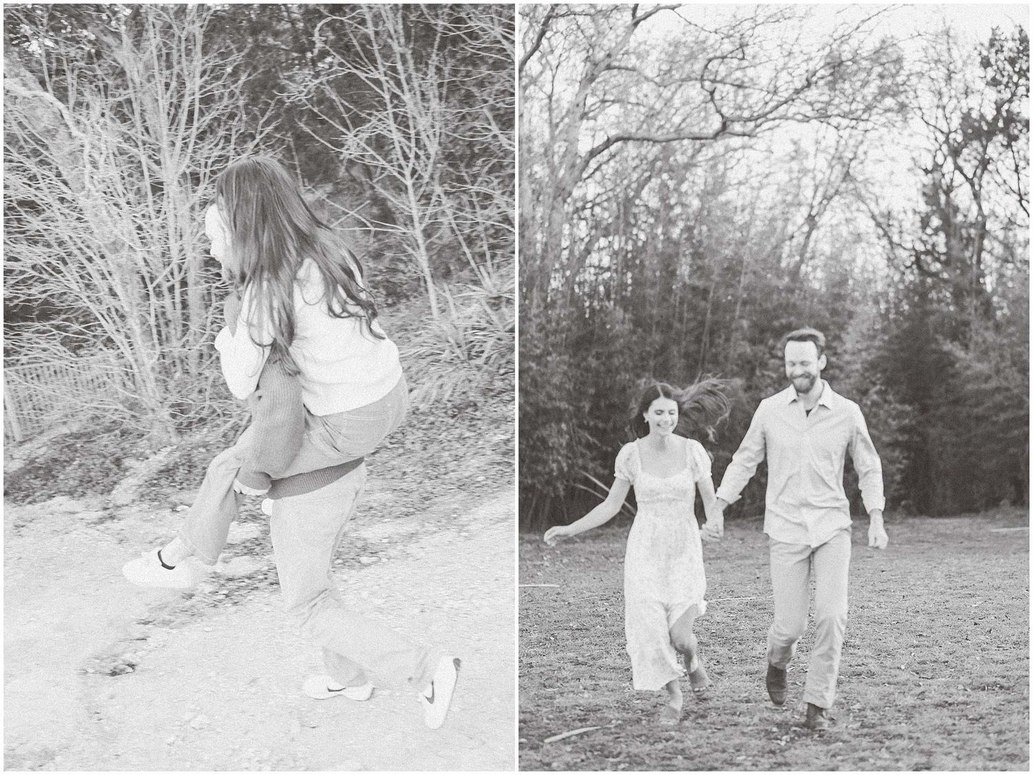 Black and white photos showing playful moments and joyful running in nature.