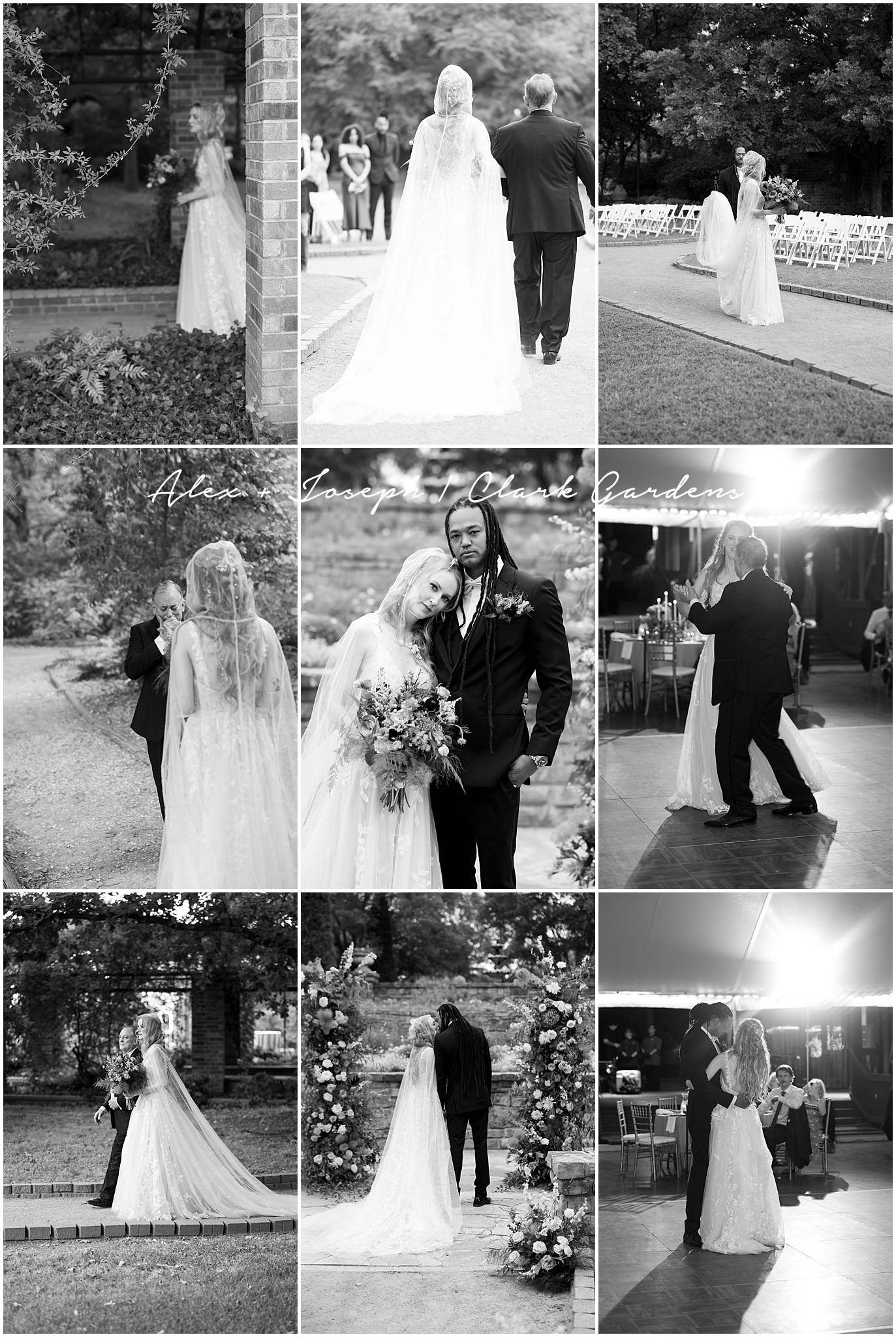 Black and white wedding photo collage featuring bride and groom portraits, ceremony, and reception moments at Clark Gardens.