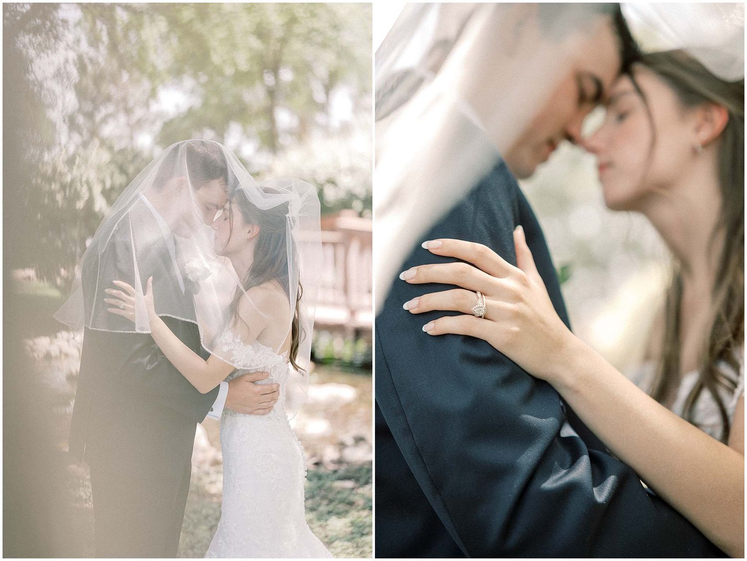 A romantic outdoor wedding photoshoot sequence showing intimate moments between a bride and groom.