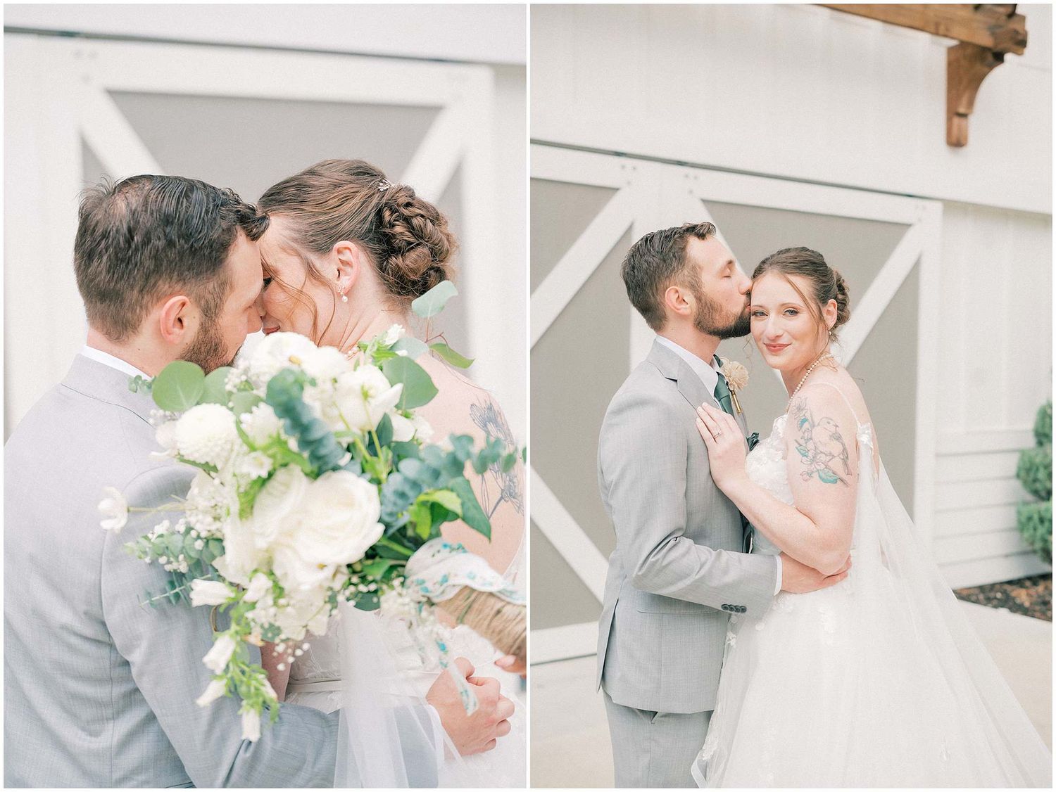 A romantic wedding photo series showing tender moments between a couple in gray and white attire with elegant floral bouquets.