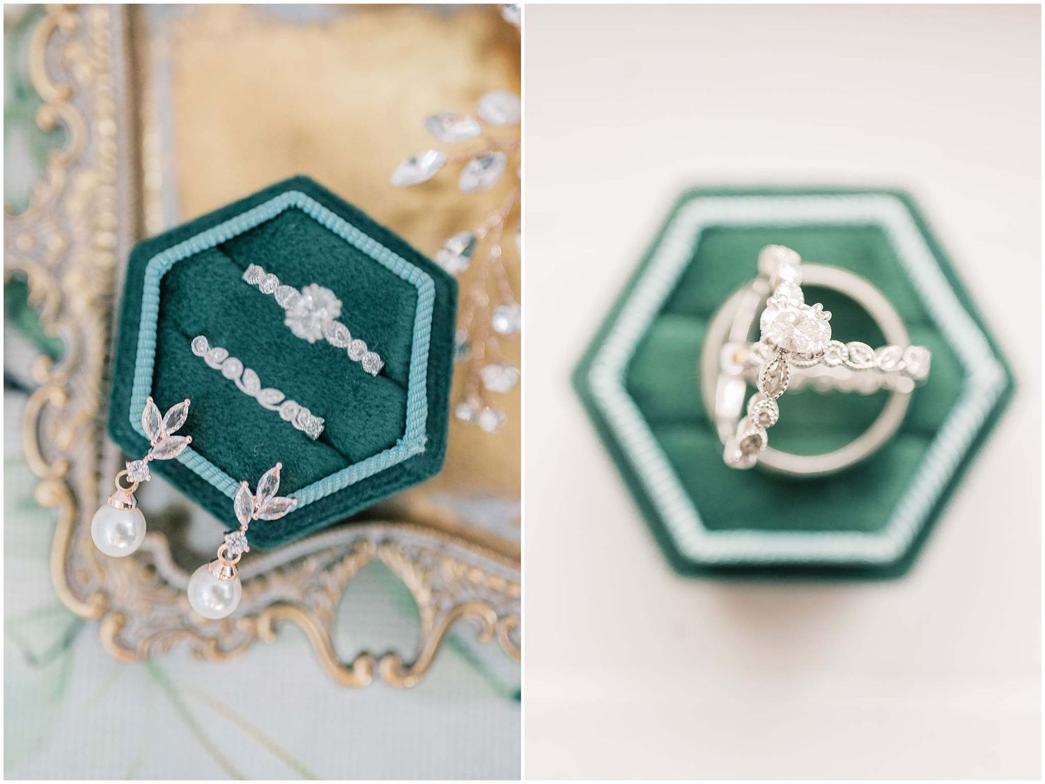 Hexagonal green and white wedding place cards with delicate floral designs and elegant calligraphy displayed in a row.
