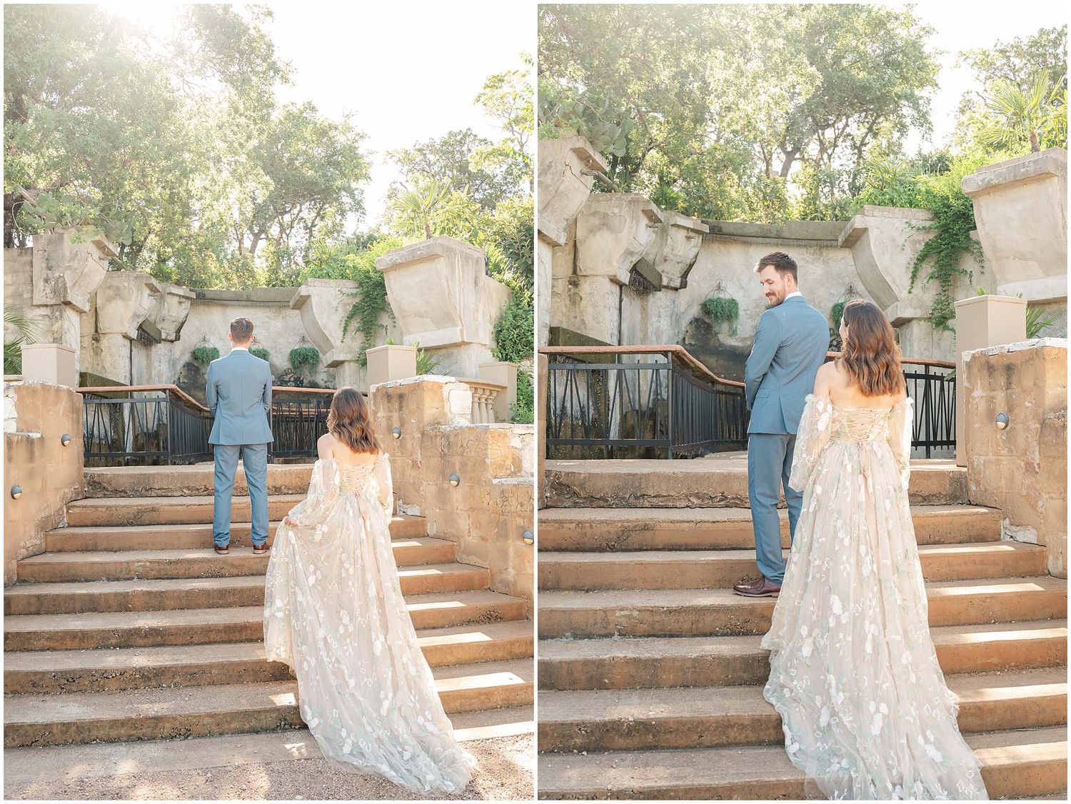 A bride in a flowing lace gown descends stone steps in a garden setting.